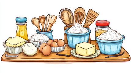 Bakery ingredients. Cartoon kitchen utensils and baking tools with flour sugar eggs butter and vanilla, cooking equipment flat style. Vector set.