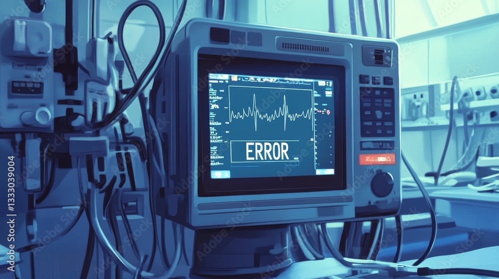 Poster monitor displays error signal in medical setting.