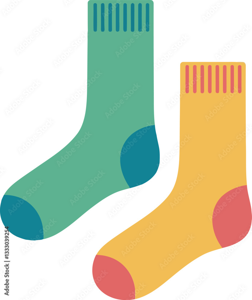 Poster colorful mismatched socks in playful flat design showcasing bright hues and simple shapes, emphasizi