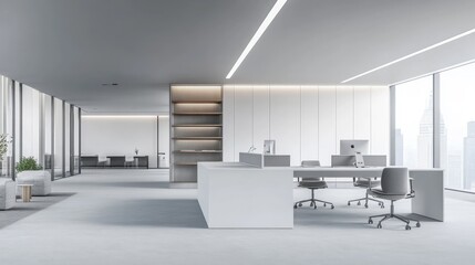 Professional office with white and gray minimalist decor, geometric desks, and smart storage