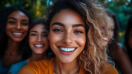 Group of friends smiling outdoors, teeth and health. Joyful moments, oral care awareness and happiness. Celebration of World Oral Health Day promoting dental hygiene