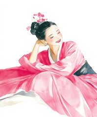 Korean woman wearing traditional Hanbok dress smiling with closed eyes