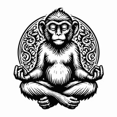 Obraz premium Monkey Meditation in Lotus Position with Ornamental Circle Frame Black and White Vector Illustration