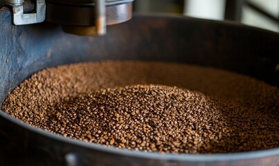 Roasted coffee beans freshly poured into large machine.