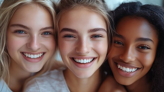 Three diverse young women smiling with perfect white teeth. Friendship, happiness and healthy lifestyle. Promoting dental care and oral hygiene for confident, beautiful smile. World Oral Health Day - Powered by Adobe