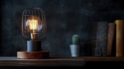 Retro industrial table lamp with a cage-style shade and Edison bulb