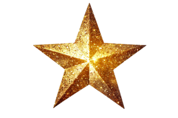 Golden glittering five-pointed star object, isolated over black background, cut out transparent
