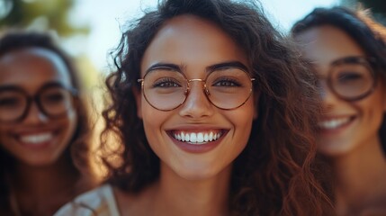 Woman with glasses smiling joyfully with friends. Dental hygiene, health awareness and positive emotions. Happy and confident smile for World Oral Health Day promoting oral care and self-confidence