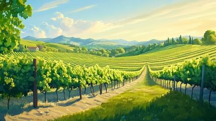Fototapeta premium Scenic Vineyard Landscape Rolling Hills and Grape Vines Rows