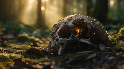 Skull-shaped mushroom covered in water droplets, nestled amongst moss and fallen leaves in a sunlit forest. Eerie, nature, and decomposition meet.