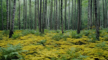 Obraz premium Mystical Birch Forest with Vibrant Yellow Undergrowth in Natural Light