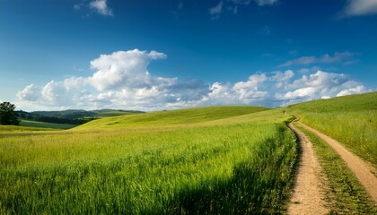 Obraz premium a grassy field with a dirt road in the background