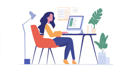 Video conference. Woman at home chatting with friends on computer screen, online communication with coworkers, video chat vector concept. Internet meeting with colleagues, having e-learning