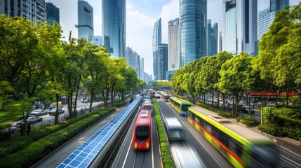 Obraz premium Urban landscape featuring eco-friendly public transportation in a modern city