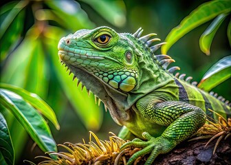 Aerial View of Iguana on Branch, Green Iguana, Tropical Treetop, Wildlife Photography