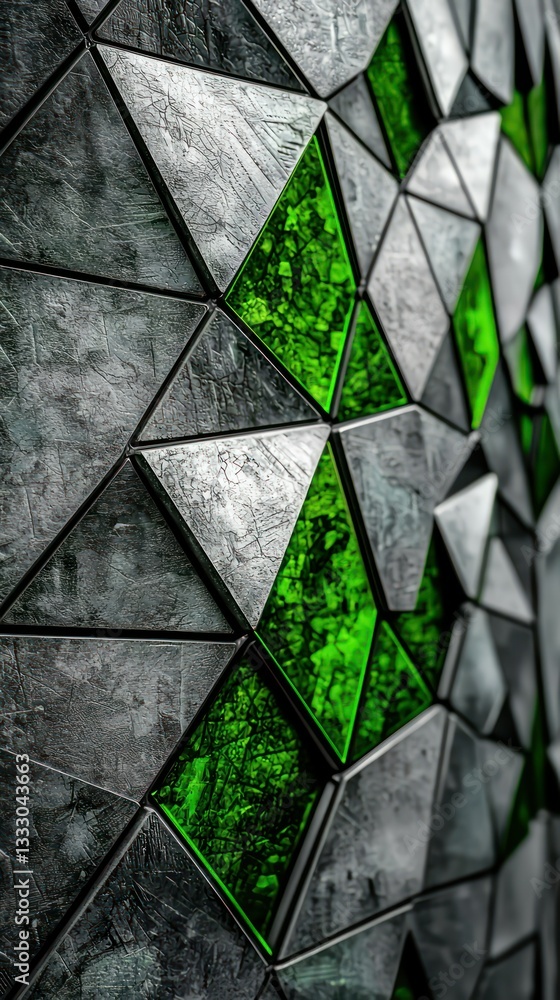 Poster triangular tiles in gray and green create an abstract geometric pattern