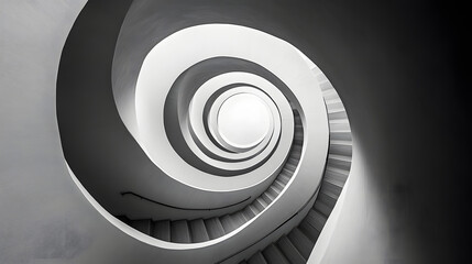Monochromatic spiral staircase with swirling curves, creating a mesmerizing vortex. The design emphasizes the building's architectural ingenuity and the illusion of depth.