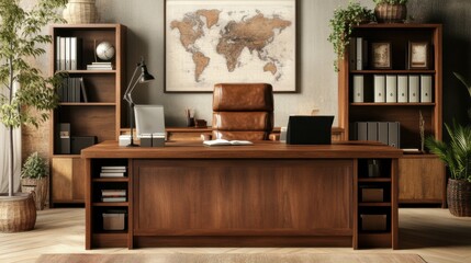 Vintage office interior with dark wood furniture and warm beige tones, creating a cozy atmosphere