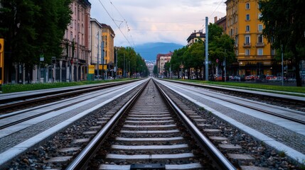 Urban railway tracks stretching into the distance
