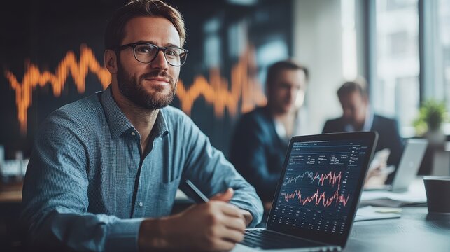 Businessman at a desk smiles and displays stock market charts