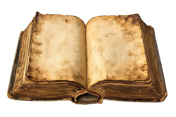 Antique open book with aged pages, worn cover, cut out transparent