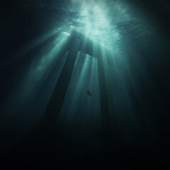 Obraz premium Deep sea diver illuminated by sun rays from the ocean surface, mysterious underwater exploration, serene aquatic scenery, deep blue abyss 