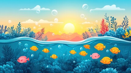 Underwater coral reef at sunrise, vibrant fishes, beautiful marine life, ideal for children's book illustration