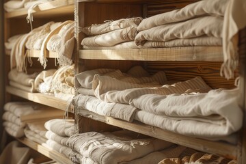 Neatly arranged shelves filled with various folded textiles in a sunlit room, showcasing textile variety