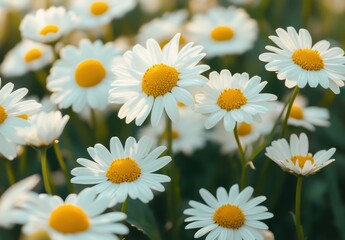 Fototapeta premium Bright white daisies basking in warm sunlight, showcasing their vibrant yellow centers.