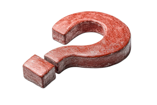 Red question mark, geometric shape on black background, cut out transparent