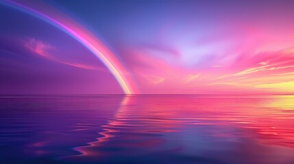 Witness a stunning sea sunset with vibrant purple clouds and a mesmerizing rainbow reflecting on the calm waters.