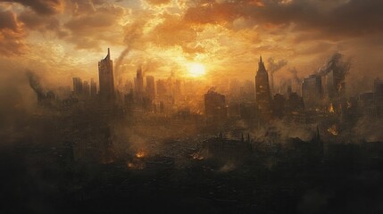 Fototapeta premium Destroyed city skyline burning orange sky