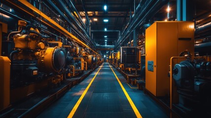 Industrial generator room, diesel engines and power backup units neatly arranged, operational detail and technical layout.