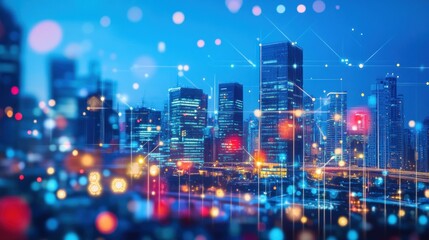 Obraz premium Modern cityscape with illuminated buildings at night and digital connectivity