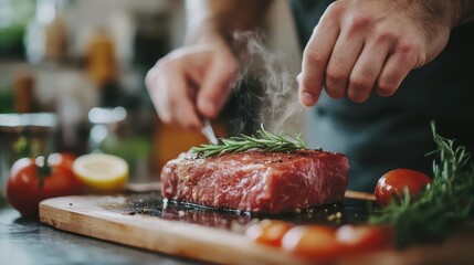 Man preparing a high-protein, low-carb meal in a clean kitchen, showing the importance of nutrition in male weight loss, minimalistic and organized