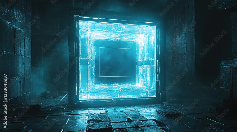 Poster illuminated sci-fi portal futuristic lab digital art dark environment low angle view conceptual expl