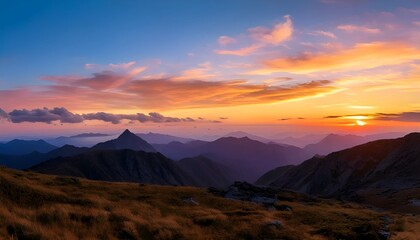 Obraz premium Scenic Mountain Range at Golden Sunset with Cloudscape and Colorful Sky