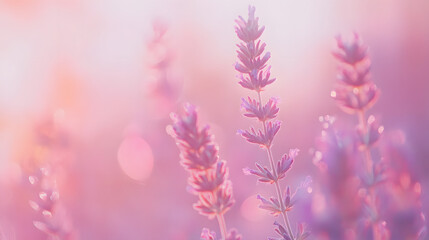 Obraz premium Lavender stalks reach towards the soft, rosy light. Delicate blooms in shades of lavender and pink create a dreamy, ethereal scene, enhanced by a gentle bokeh effect.