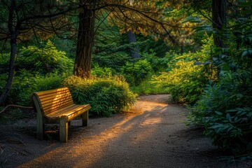 Fototapeta premium Serene park scene with a wooden bench illuminated by golden sunlight, surrounded by lush greenery