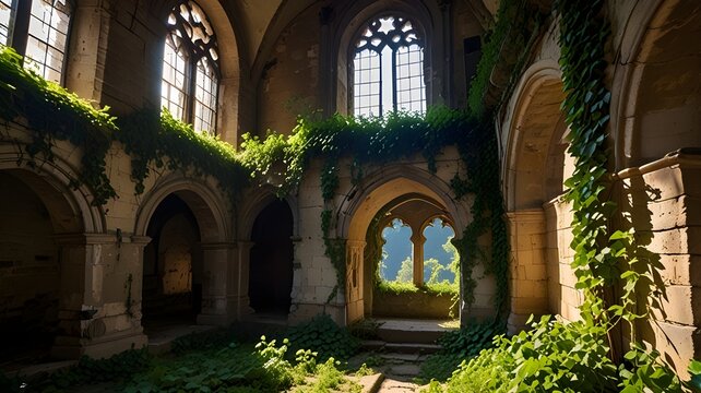 A historic monastery ruin covered in creeping ivy, with soft sunlight filtering through