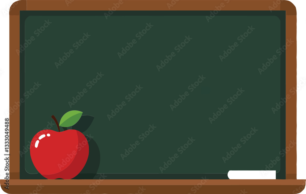 Poster green chalkboard with a red apple resting on its ledge in a minimal vector illustration conveying an
