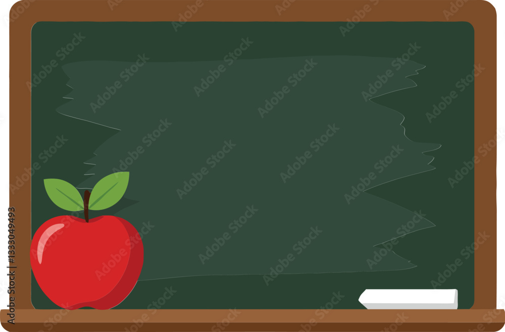 Poster chalkboard with a shiny red apple and white chalk in a flat design style showcasing a classic educat
