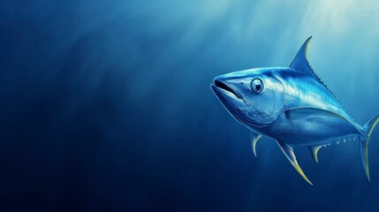 Fototapeta premium Tuna Fish Swimming in Ocean Depths with Sunlight Shining Through Water