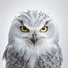 Fototapeta premium A snowy owl features bold, captivating eyes against a clean white background, showcasing its beauty in soft pastel tones.
