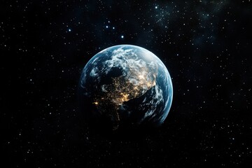 Obraz premium A photograph of planet earth floating in deep space with stars