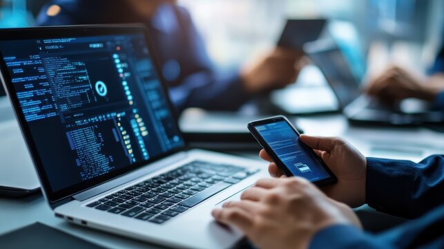 Police officers utilizing digital forensics tools for cyber security investigation - Powered by Adobe
