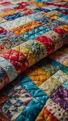 Fototapeta premium Detailed close-up of a colorful patchwork quilt, showcasing its textures