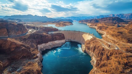 Top view of a hydroelectric dam in a rugged landscape, capturing the raw power and scale of industrial energy harnessed from nature