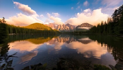 Reflecting Lake with Mountains and Forest Scenery During Golden Sunset