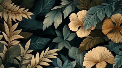 Vibrant tropical foliage featuring various leaves and flower on a dark background, ideal for design